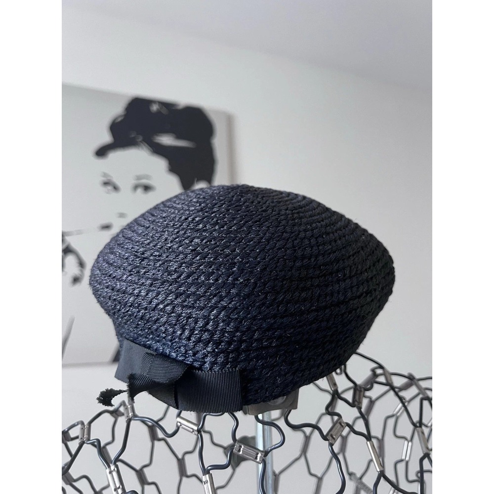 Everitt Original‎ Vintage Navy Blue Woven Straw Pillbox Hat with Back Bow Detail